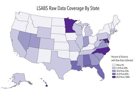 Map showing progress collecting raw data from school districts across the US